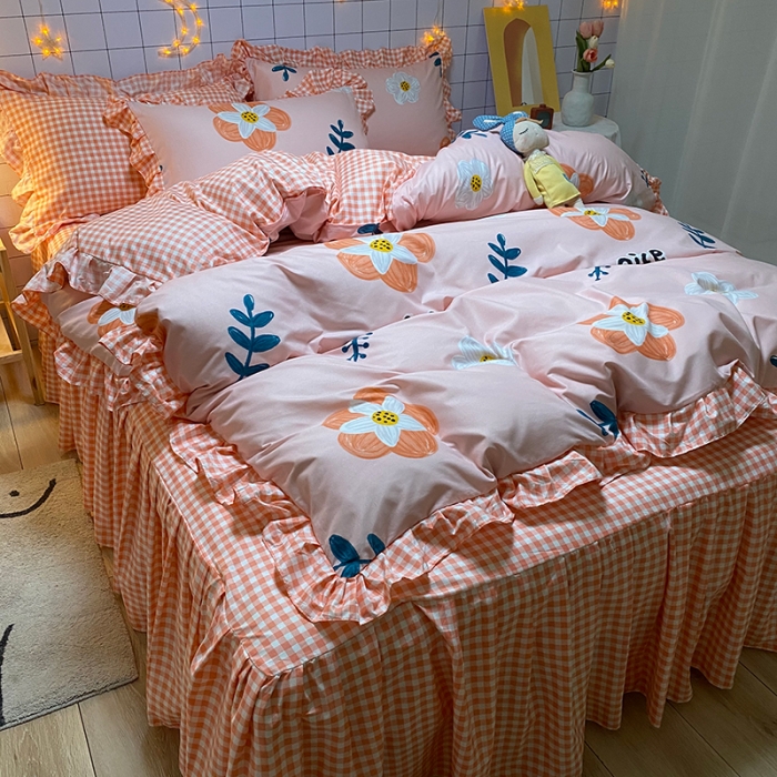 91家纺网 家纺一手货源 找家纺 艾裙海床笠 2025新款乐卡棉亲肤韩版小清新四件套妙恋粉