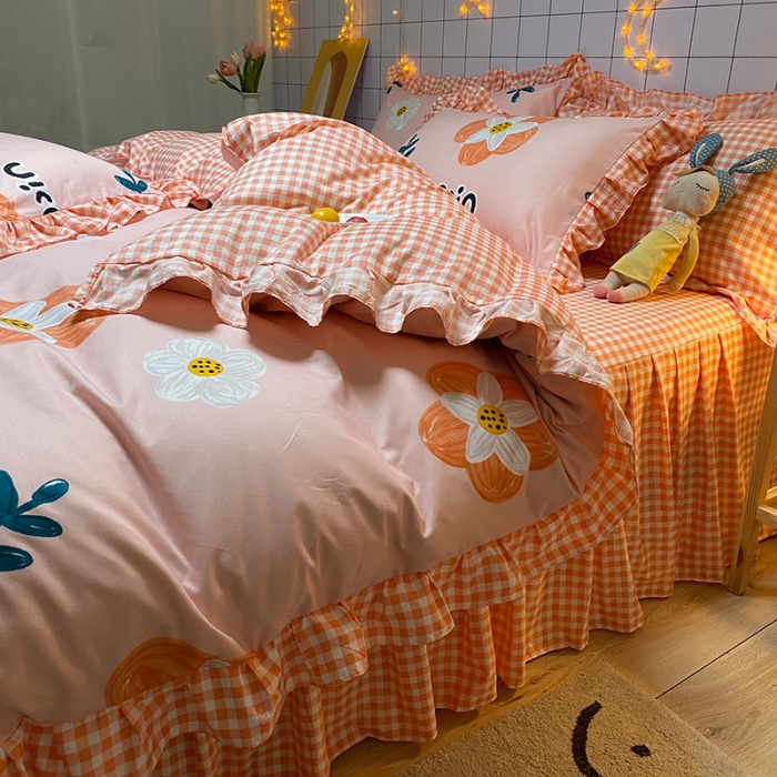 91家纺网 家纺一手货源 找家纺 艾裙海床笠 2025新款乐卡棉亲肤韩版小清新四件套妙恋粉