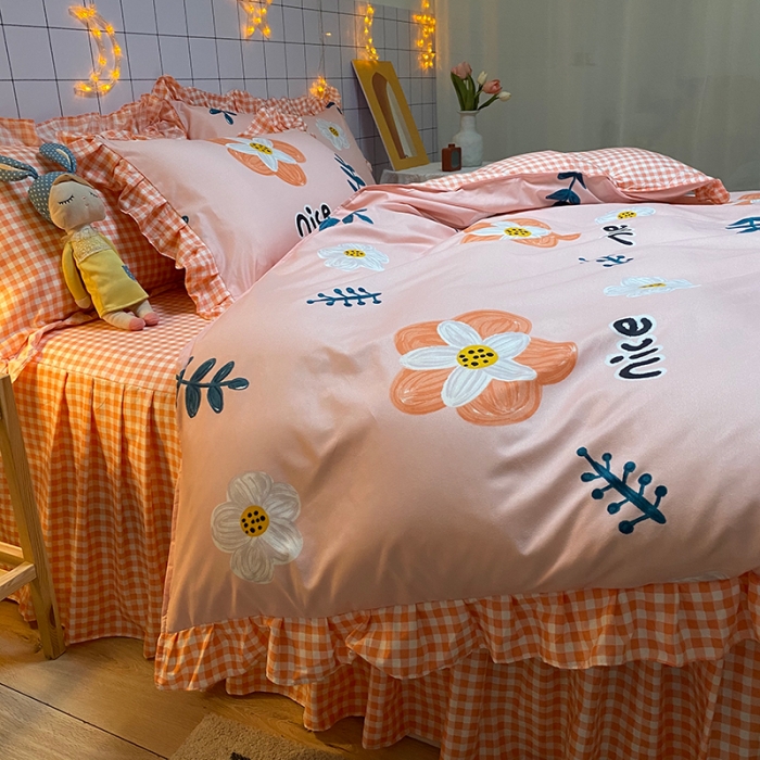 91家纺网 家纺一手货源 找家纺 艾裙海床笠 2025新款乐卡棉亲肤韩版小清新四件套妙恋粉