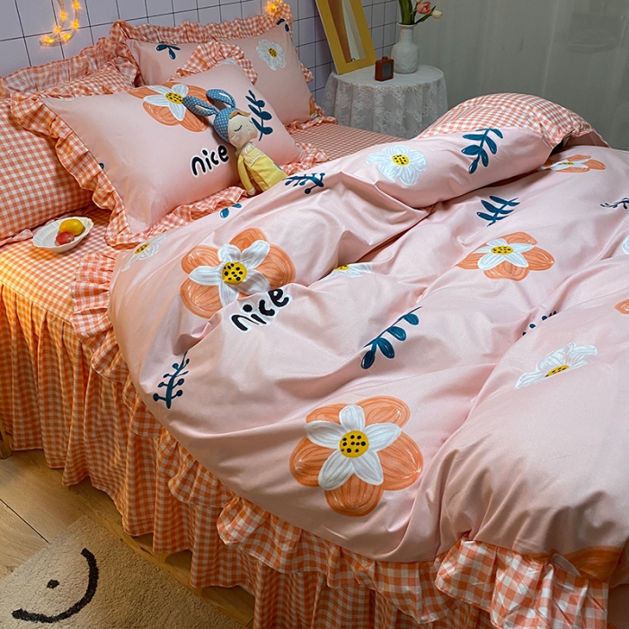 91家纺网 家纺一手货源 找家纺 艾裙海床笠 2025新款乐卡棉亲肤韩版小清新四件套妙恋粉