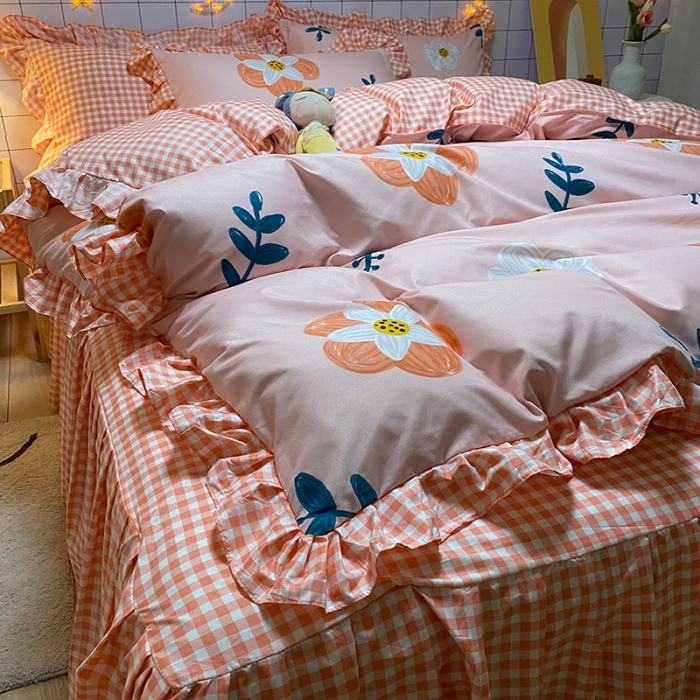 91家纺网 家纺一手货源 找家纺 艾裙海床笠 2025新款乐卡棉亲肤韩版小清新四件套妙恋粉