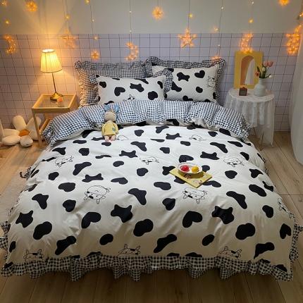 91家纺网 家纺一手货源 找家纺 艾裙海床笠 2025新款乐卡棉亲肤韩版小清新四件套奶牛