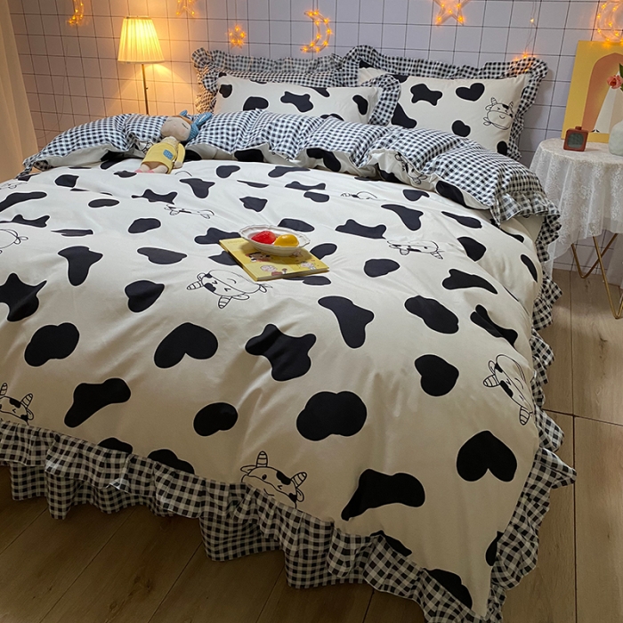 91家纺网 家纺一手货源 找家纺 艾裙海床笠 2025新款乐卡棉亲肤韩版小清新四件套奶牛