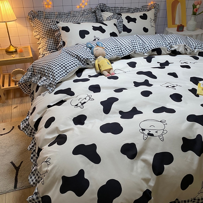 91家纺网 家纺一手货源 找家纺 艾裙海床笠 2025新款乐卡棉亲肤韩版小清新四件套奶牛