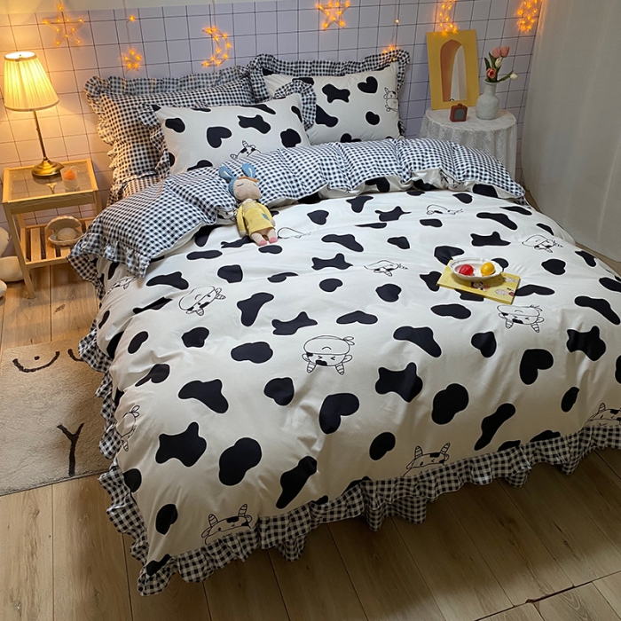 91家纺网 家纺一手货源 找家纺 艾裙海床笠 2025新款乐卡棉亲肤韩版小清新四件套奶牛