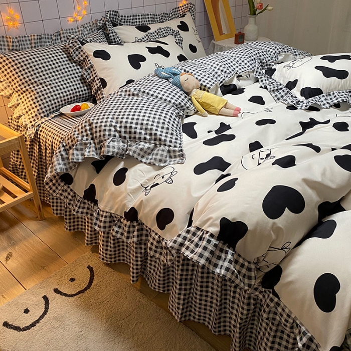 91家纺网 家纺一手货源 找家纺 艾裙海床笠 2025新款乐卡棉亲肤韩版小清新四件套奶牛