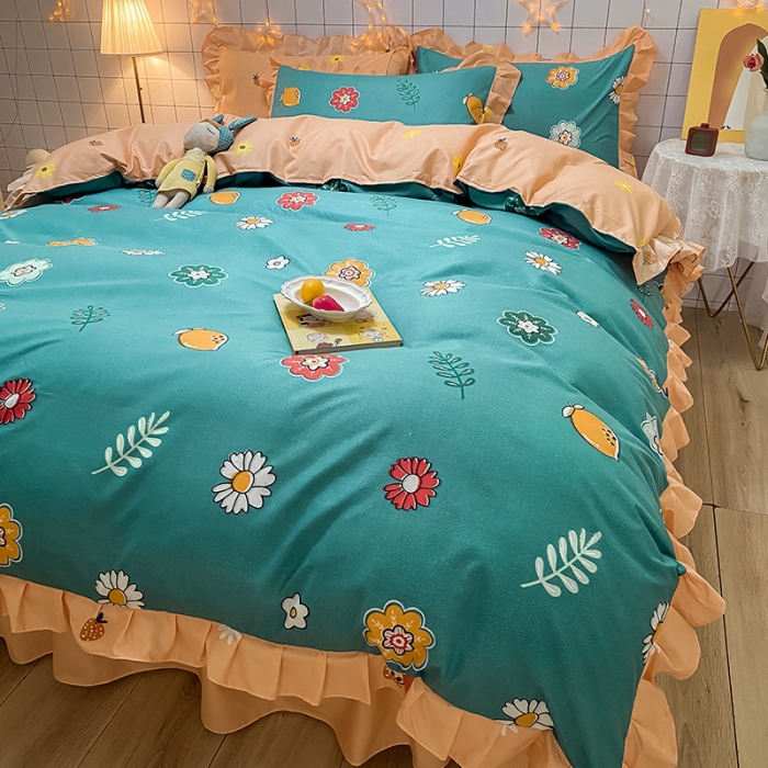 91家纺网 家纺一手货源 找家纺 艾裙海床笠 2025新款乐卡棉亲肤韩版小清新四件套微微花海