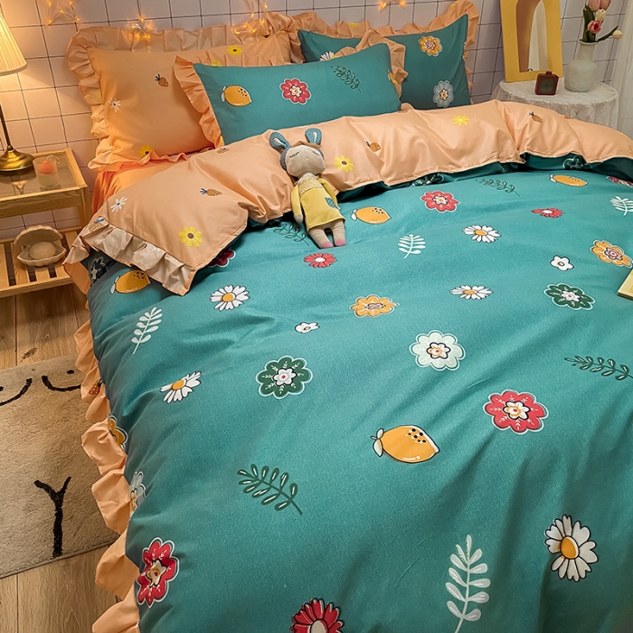 91家纺网 家纺一手货源 找家纺 艾裙海床笠 2025新款乐卡棉亲肤韩版小清新四件套微微花海