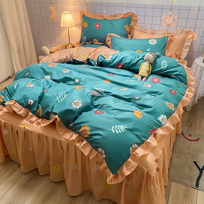 91家纺网 家纺一手货源 找家纺 艾裙海床笠 2025新款乐卡棉亲肤韩版小清新四件套微微花海