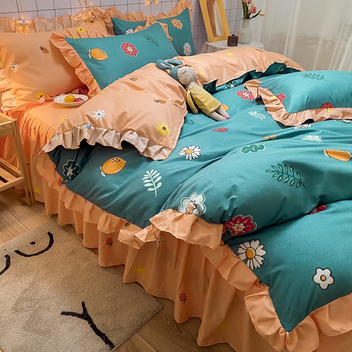 91家纺网 家纺一手货源 找家纺 艾裙海床笠 2025新款乐卡棉亲肤韩版小清新四件套微微花海