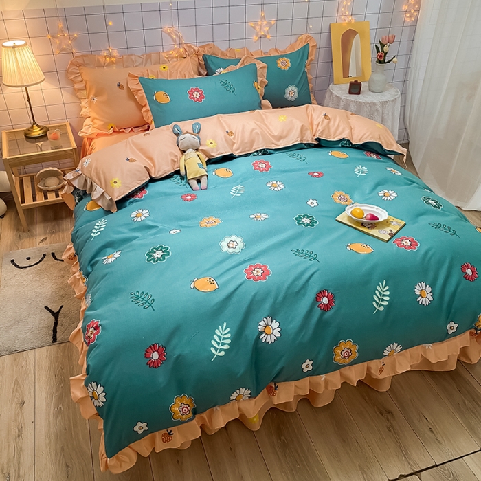 91家纺网 家纺一手货源 找家纺 艾裙海床笠 2025新款乐卡棉亲肤韩版小清新四件套微微花海