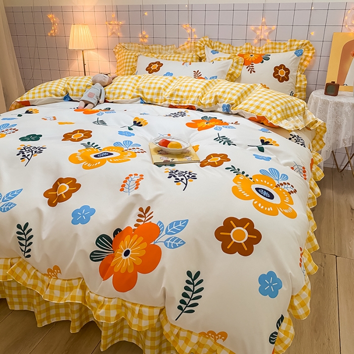 91家纺网 家纺一手货源 找家纺 艾裙海床笠 2025新款乐卡棉亲肤韩版小清新四件套向阳花开