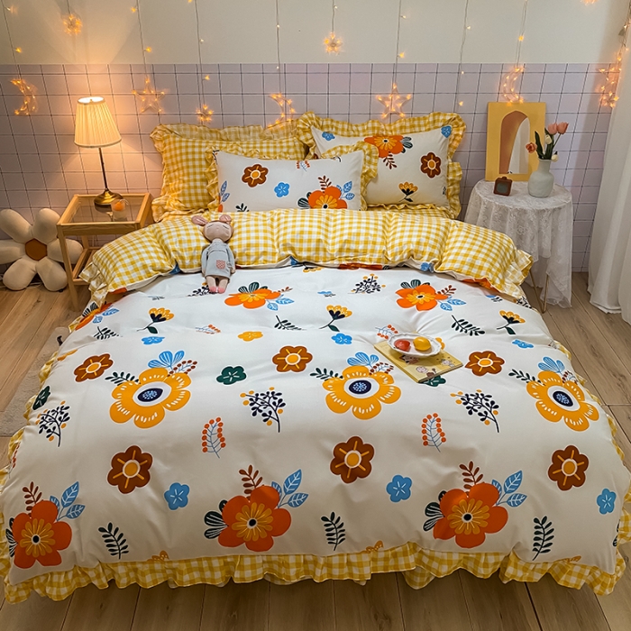 91家纺网 家纺一手货源 找家纺 艾裙海床笠 2025新款乐卡棉亲肤韩版小清新四件套向阳花开