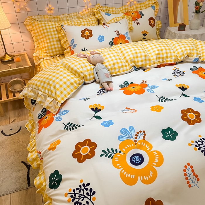 91家纺网 家纺一手货源 找家纺 艾裙海床笠 2025新款乐卡棉亲肤韩版小清新四件套向阳花开