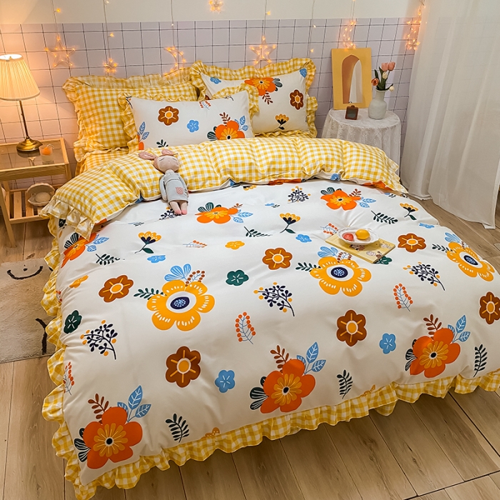 91家纺网 家纺一手货源 找家纺 艾裙海床笠 2025新款乐卡棉亲肤韩版小清新四件套向阳花开