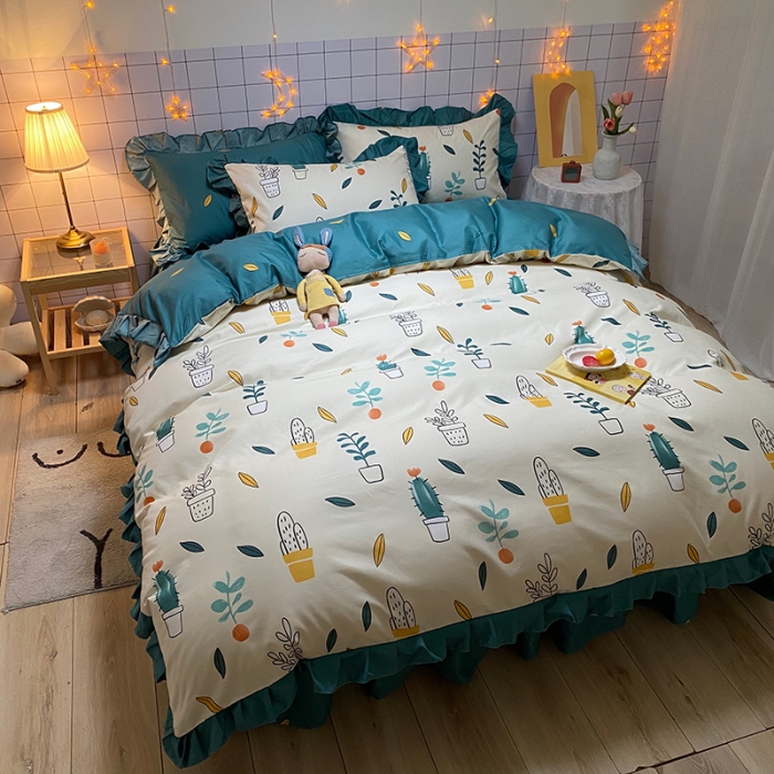 91家纺网 家纺一手货源 找家纺 艾裙海床笠 2025新款乐卡棉亲肤韩版小清新四件套小清新