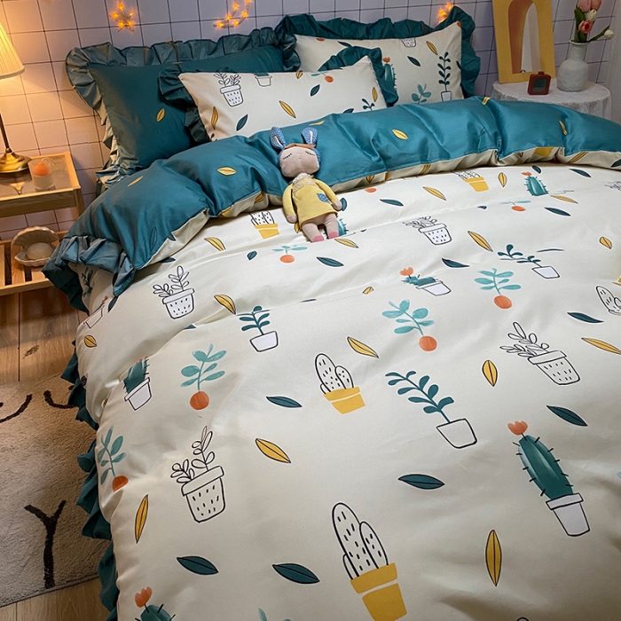 91家纺网 家纺一手货源 找家纺 艾裙海床笠 2025新款乐卡棉亲肤韩版小清新四件套小清新