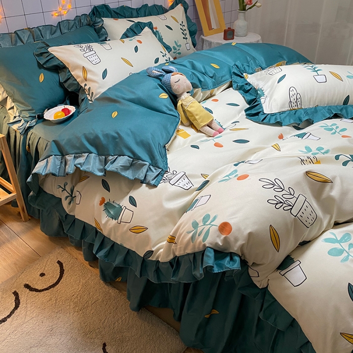 91家纺网 家纺一手货源 找家纺 艾裙海床笠 2025新款乐卡棉亲肤韩版小清新四件套小清新