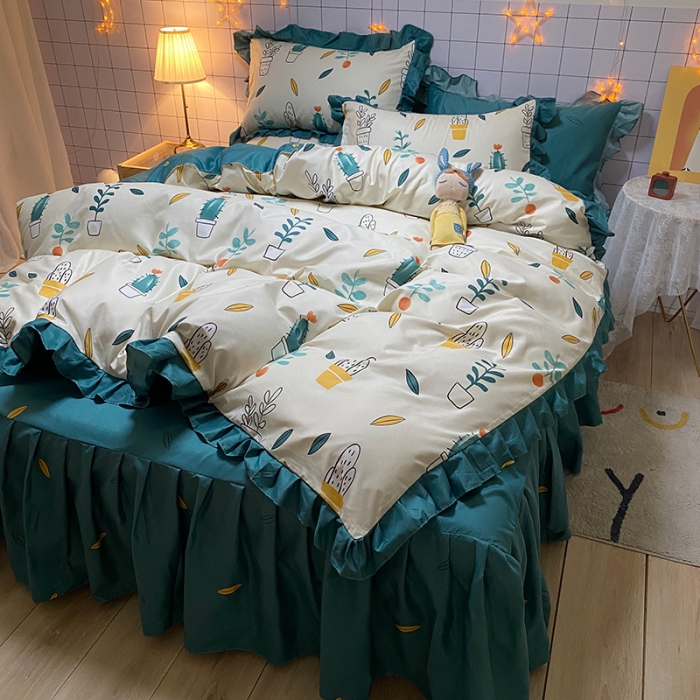 91家纺网 家纺一手货源 找家纺 艾裙海床笠 2025新款乐卡棉亲肤韩版小清新四件套小清新