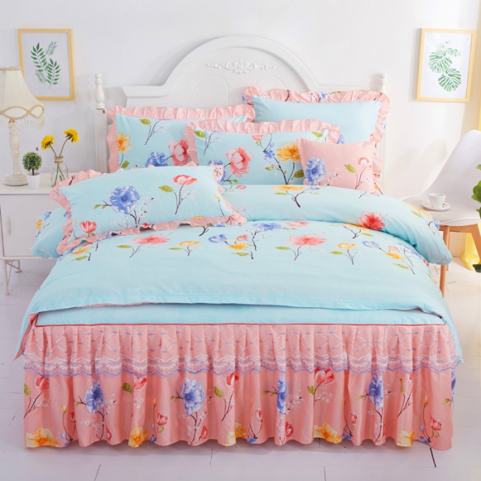 91家纺网 家纺一手货源 找家纺 艾裙海床笠 2025新款韩版蕾丝床裙四件套纷飞花语-绿