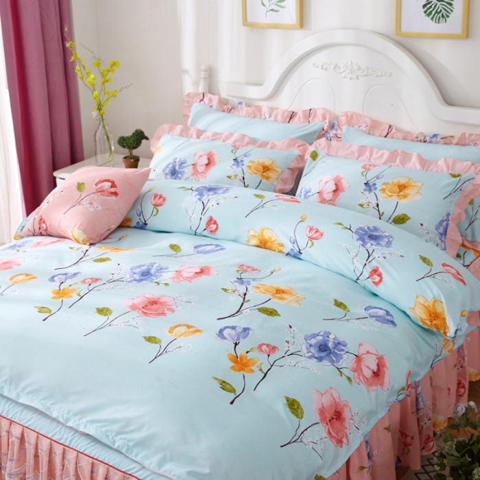 91家纺网 家纺一手货源 找家纺 艾裙海床笠 2025新款韩版蕾丝床裙四件套纷飞花语-绿