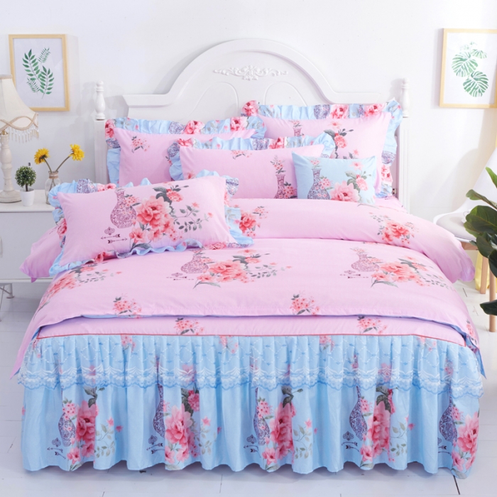 91家纺网 家纺一手货源 找家纺 艾裙海床笠 2025新款韩版蕾丝床裙四件套红粉佳人