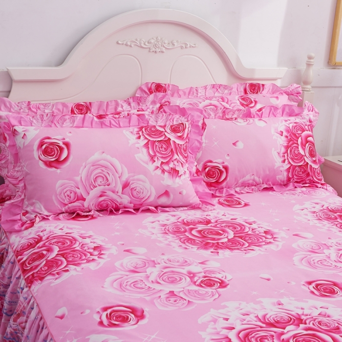 91家纺网 家纺一手货源 找家纺 艾裙海床笠 2025新款韩版蕾丝床裙四件套玫瑰情缘-红