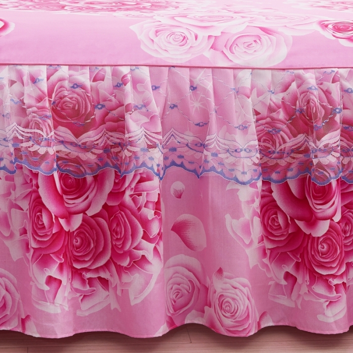 91家纺网 家纺一手货源 找家纺 艾裙海床笠 2025新款韩版蕾丝床裙四件套玫瑰情缘-红