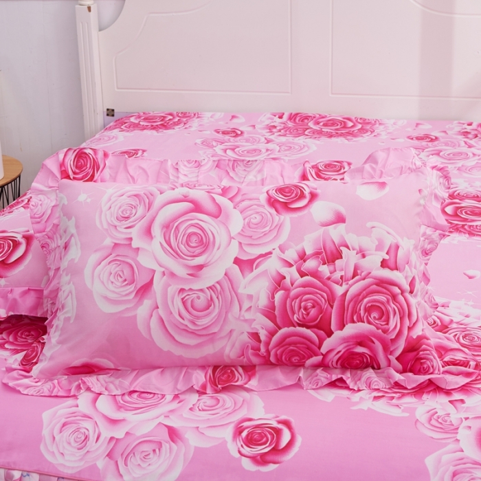 91家纺网 家纺一手货源 找家纺 艾裙海床笠 2025新款韩版蕾丝床裙四件套玫瑰情缘-红