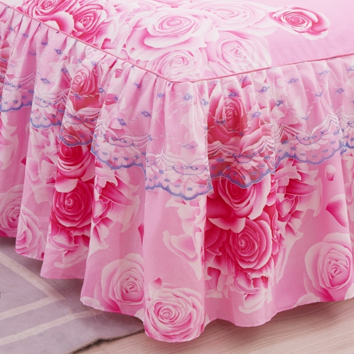 91家纺网 家纺一手货源 找家纺 艾裙海床笠 2025新款韩版蕾丝床裙四件套玫瑰情缘-红