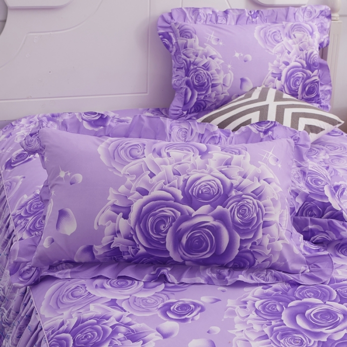 91家纺网 家纺一手货源 找家纺 艾裙海床笠 2025新款韩版蕾丝床裙四件套玫瑰情缘-紫