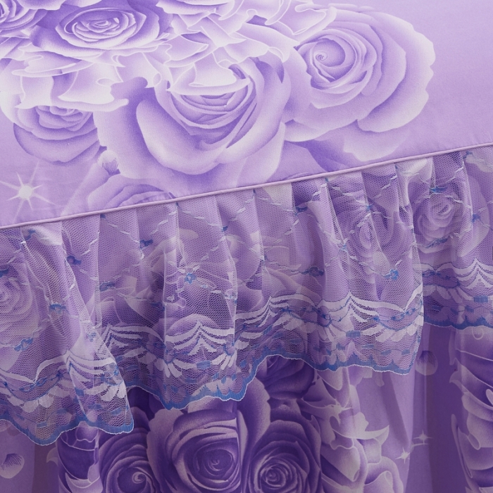 91家纺网 家纺一手货源 找家纺 艾裙海床笠 2025新款韩版蕾丝床裙四件套玫瑰情缘-紫