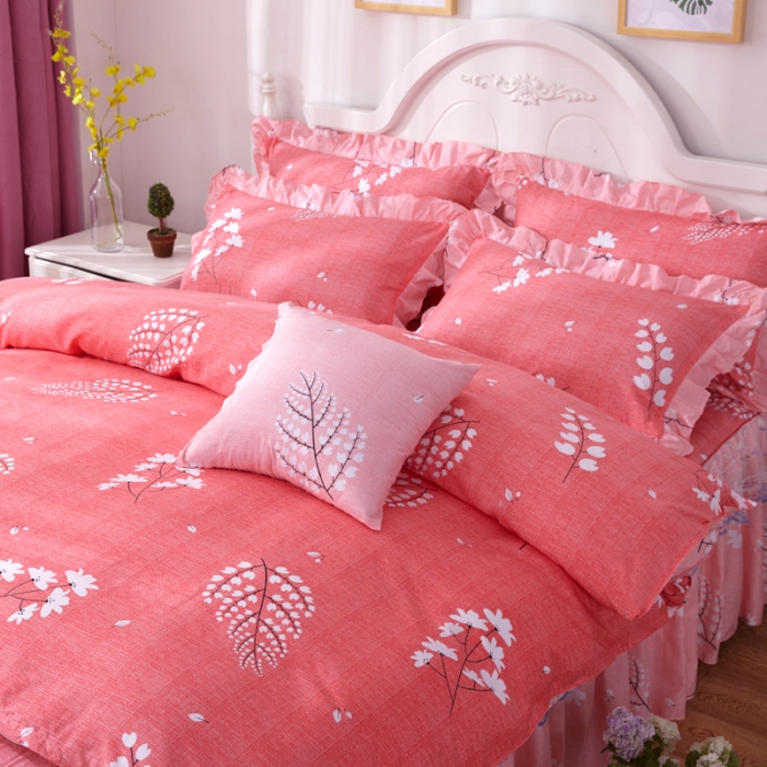 91家纺网 家纺一手货源 找家纺 艾裙海床笠 2025新款韩版蕾丝床裙四件套叶语浪漫-红