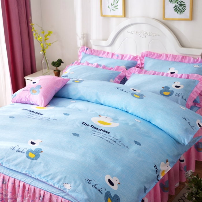 91家纺网 家纺一手货源 找家纺 艾裙海床笠 2025新款韩版蕾丝床裙四件套悠闲小鸭-蓝