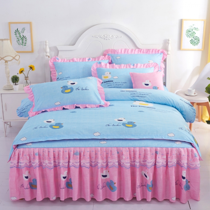 91家纺网 家纺一手货源 找家纺 艾裙海床笠 2025新款韩版蕾丝床裙四件套悠闲小鸭-蓝