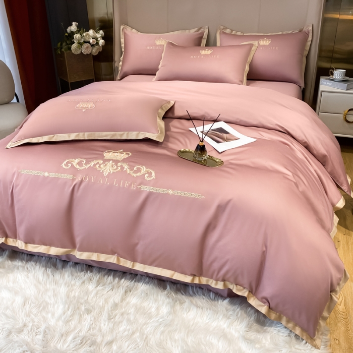 91家纺网 家纺一手货源 找家纺 安妮家居 2021新款皇冠120s长绒棉四件套 冰莓粉