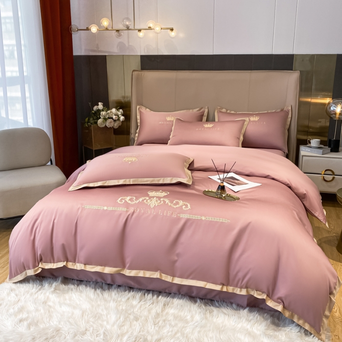 91家纺网 家纺一手货源 找家纺 安妮家居 2021新款皇冠120s长绒棉四件套 冰莓粉