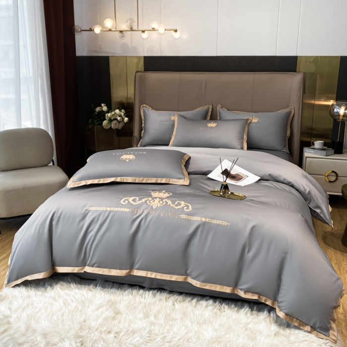 91家纺网 家纺一手货源 找家纺 安妮家居 2021新款皇冠120s长绒棉四件套 高级灰