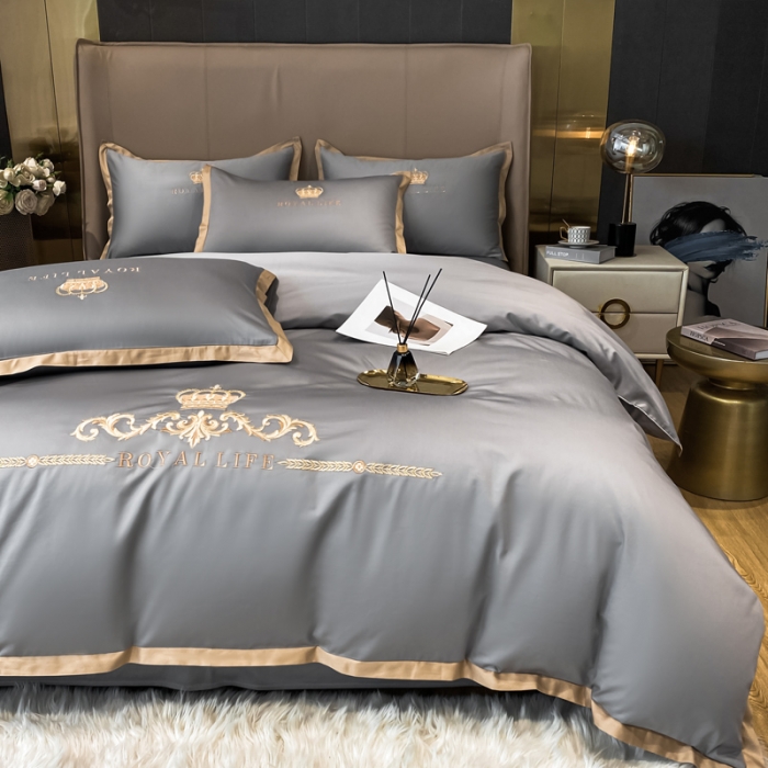 91家纺网 家纺一手货源 找家纺 安妮家居 2021新款皇冠120s长绒棉四件套 高级灰