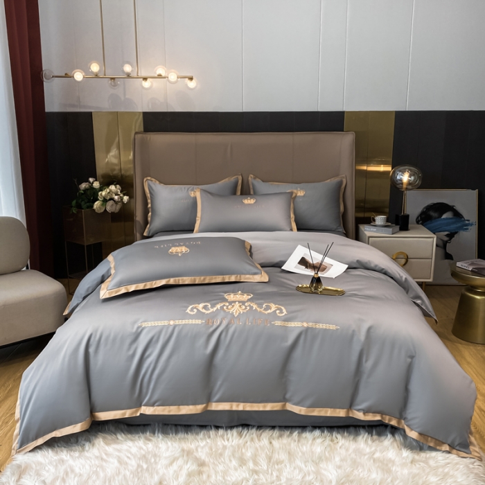 91家纺网 家纺一手货源 找家纺 安妮家居 2021新款皇冠120s长绒棉四件套 高级灰