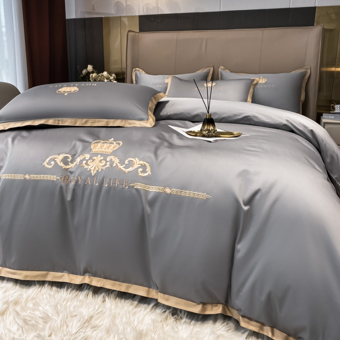 91家纺网 家纺一手货源 找家纺 安妮家居 2021新款皇冠120s长绒棉四件套 高级灰