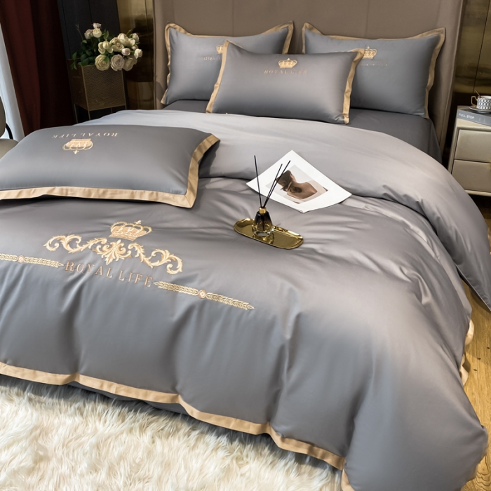 91家纺网 家纺一手货源 找家纺 安妮家居 2021新款皇冠120s长绒棉四件套 高级灰