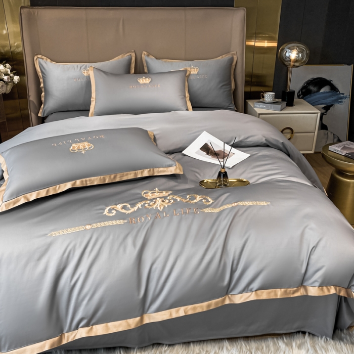 91家纺网 家纺一手货源 找家纺 安妮家居 2021新款皇冠120s长绒棉四件套 高级灰