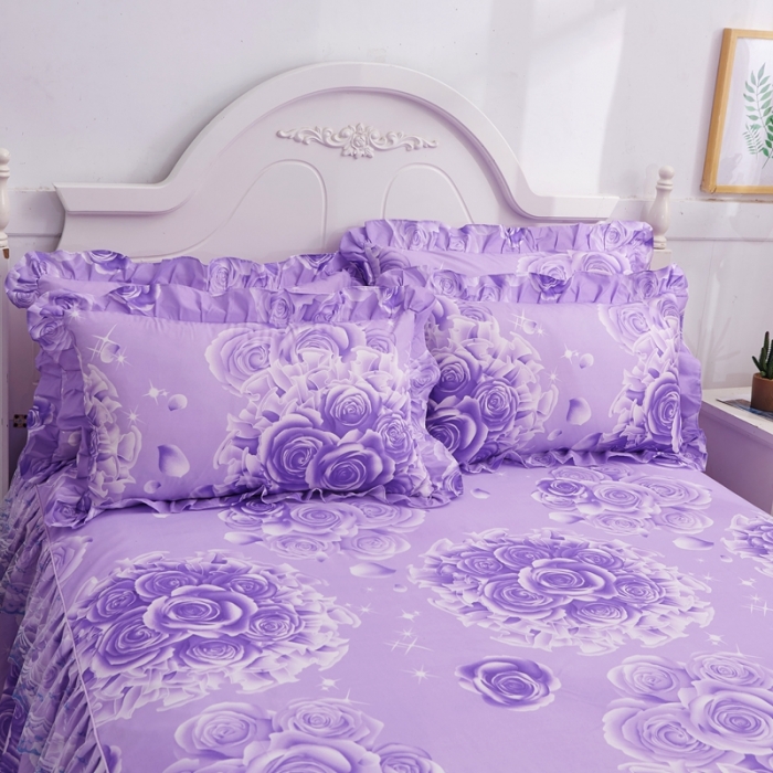 91家纺网 家纺一手货源 找家纺 艾裙海床笠 2025新款韩版蕾丝单床裙玫瑰情缘-紫