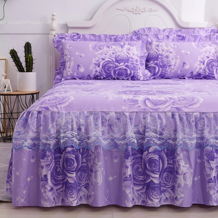 91家纺网 家纺一手货源 找家纺 艾裙海床笠 2025新款韩版蕾丝单床裙玫瑰情缘-紫