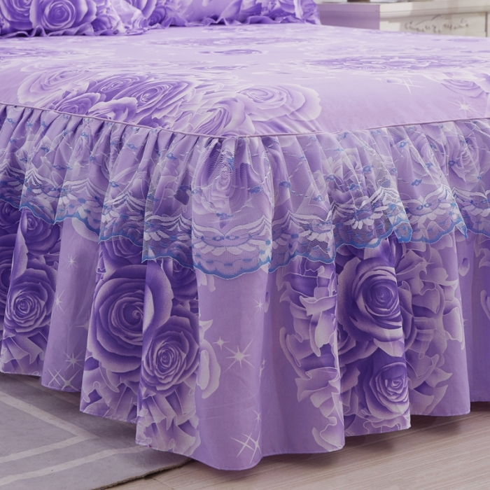 91家纺网 家纺一手货源 找家纺 艾裙海床笠 2025新款韩版蕾丝单床裙玫瑰情缘-紫