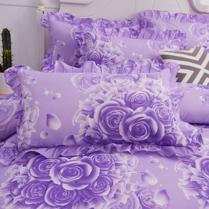 91家纺网 家纺一手货源 找家纺 艾裙海床笠 2025新款韩版蕾丝单床裙玫瑰情缘-紫