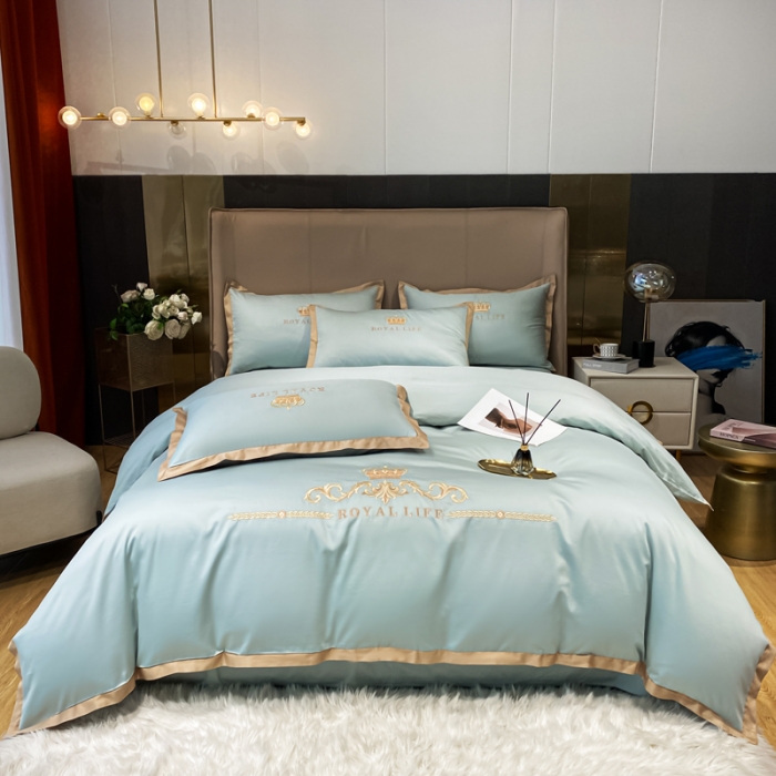 91家纺网 家纺一手货源 找家纺 安妮家居 2021新款皇冠120s长绒棉四件套 迷雾蓝