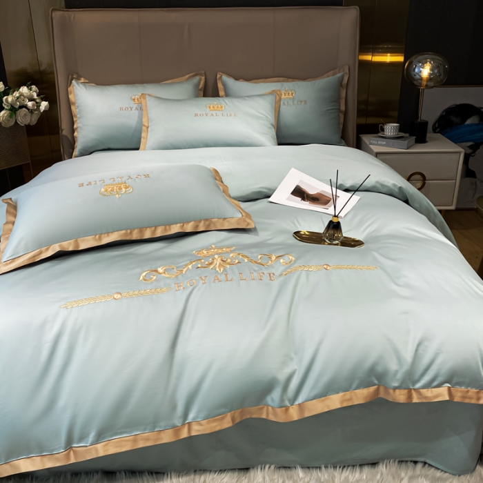 91家纺网 家纺一手货源 找家纺 安妮家居 2021新款皇冠120s长绒棉四件套 迷雾蓝