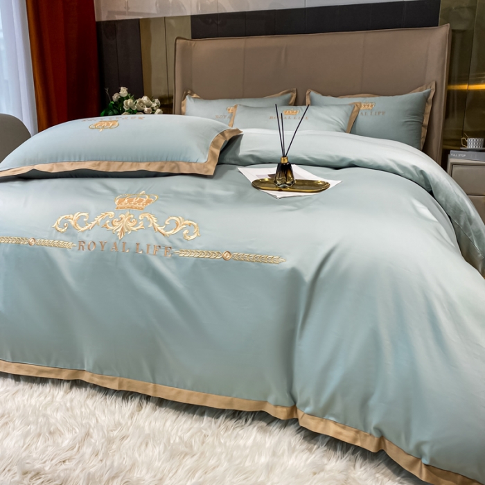 91家纺网 家纺一手货源 找家纺 安妮家居 2021新款皇冠120s长绒棉四件套 迷雾蓝